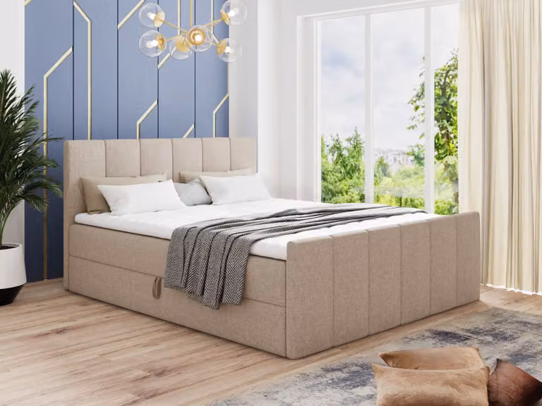 Letto boxspring Star Lux con pediera, 2 cassetti e coprimaterasso - Letto matrimoniale con coprimaterasso, materasso Bonell, letto imbottito, letto (beige (Inari 22), 160 x 200 cm)