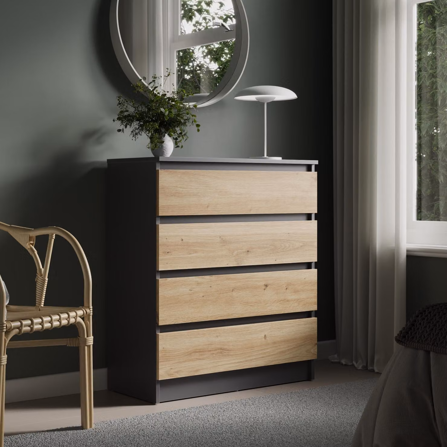 Comodino largo 76 cm con 4 cassetti. Comodino antracite con finitura "artisan-eiche" (rovere artigianale), stretto. Mobile contenitore in legno con cassetti. Mobiletto portaoggetti, mobile bar, mobile TV, ideale per la camera da letto, il soggiorno, il co