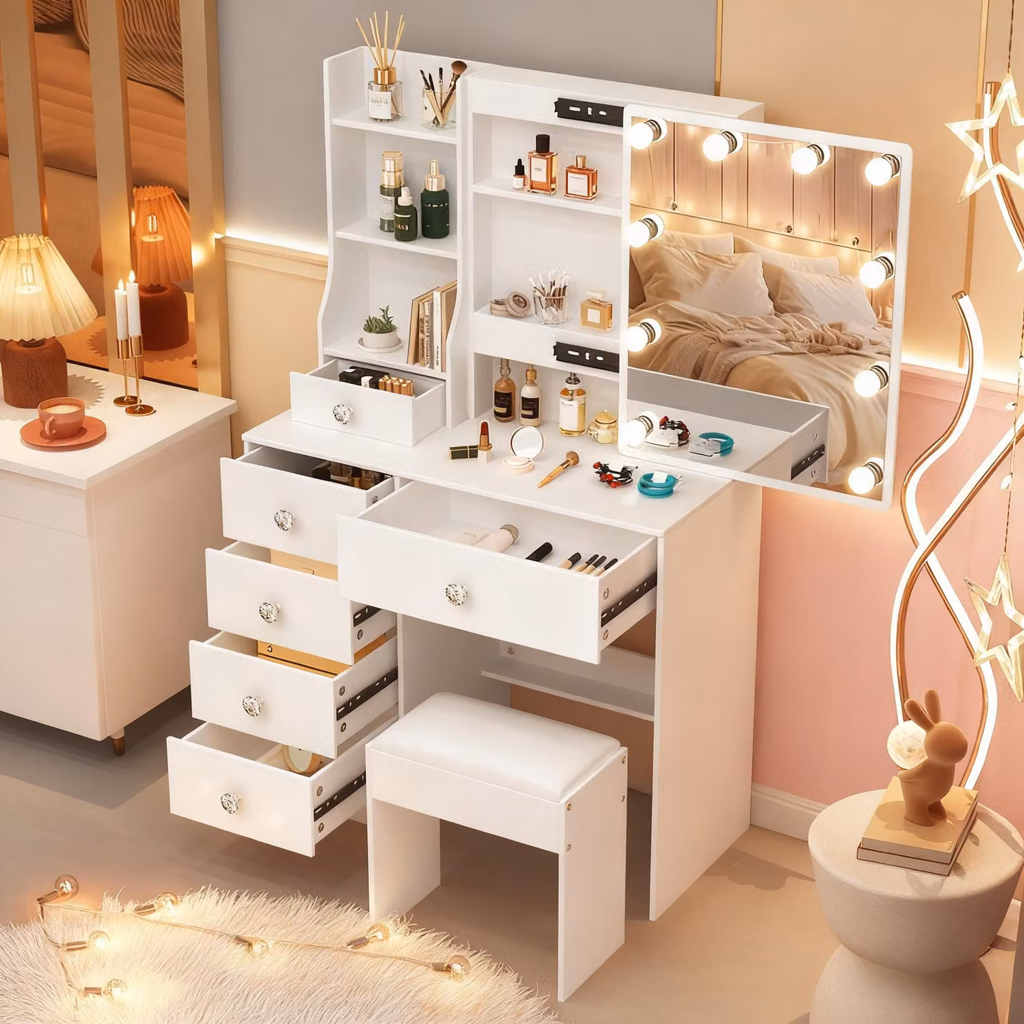 Comò con specchio a LED - Bianco - MDF - Con sgabello e cassetto