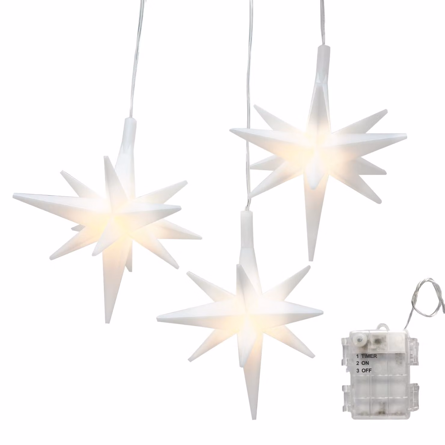 Set di 3 stelle di Natale a LED, luce bianco caldo, 1,9 metri, grado di protezione IP44, con timer, alimentate a batteria