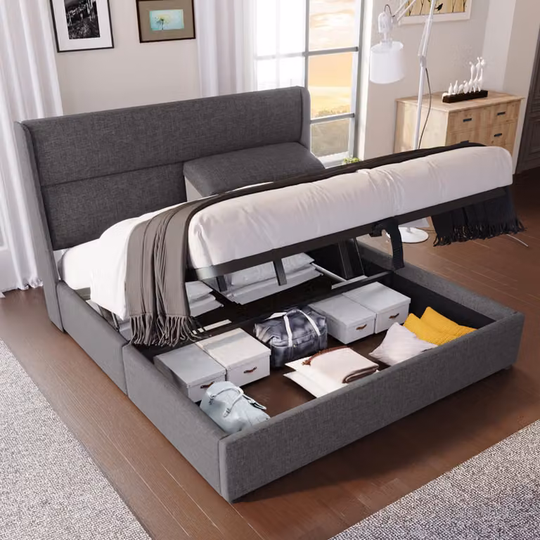 MODFU Letto a molle imbottito 140x200 cm Letto matrimoniale con testiera regolabile, Letto idraulico con materasso a doghe, Letto contenitore, Biancheria da letto, Grigio (senza materasso)