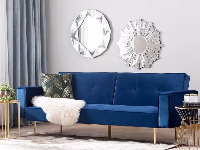 Divano letto Beliani a 3 posti in velluto blu con struttura in legno e meccanismo click-clack moderno L: 218 cm, P: 81 cm, H: 80 cm