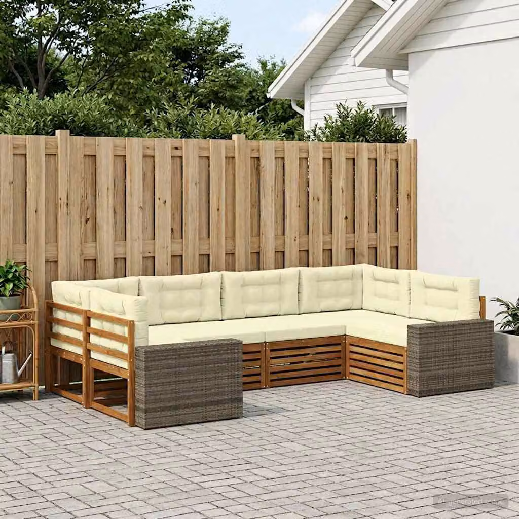 Set di divani da esterno vidaXL a forma di L composto da 6 pezzi in legno di acacia con cuscini beige e bianchi