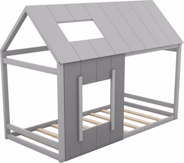 Letto per bambini 90x200 cm a forma di casa con tetto e finestra, grigio scuro e grigio chiaro