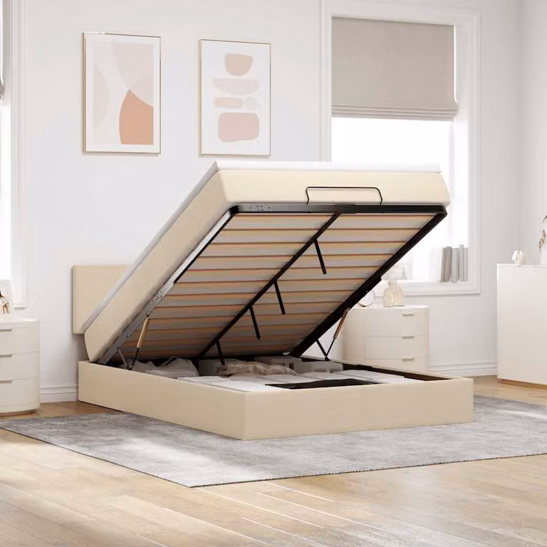 vidaXL Pouf Letto con Materasso in Tessuto Beige e Bianco, L: 140 cm, P: 200 cm, H: 88 cm