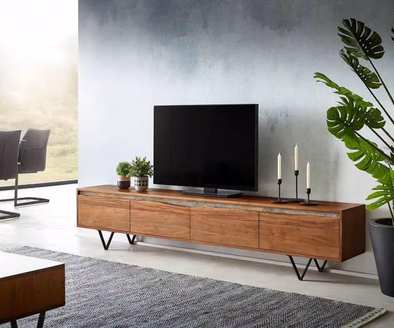 DELIFE Mobile basso Stonegrace, 220 cm, legno di acacia marrone con bordo naturale, 4 ante, piedini a forma di "V" neri