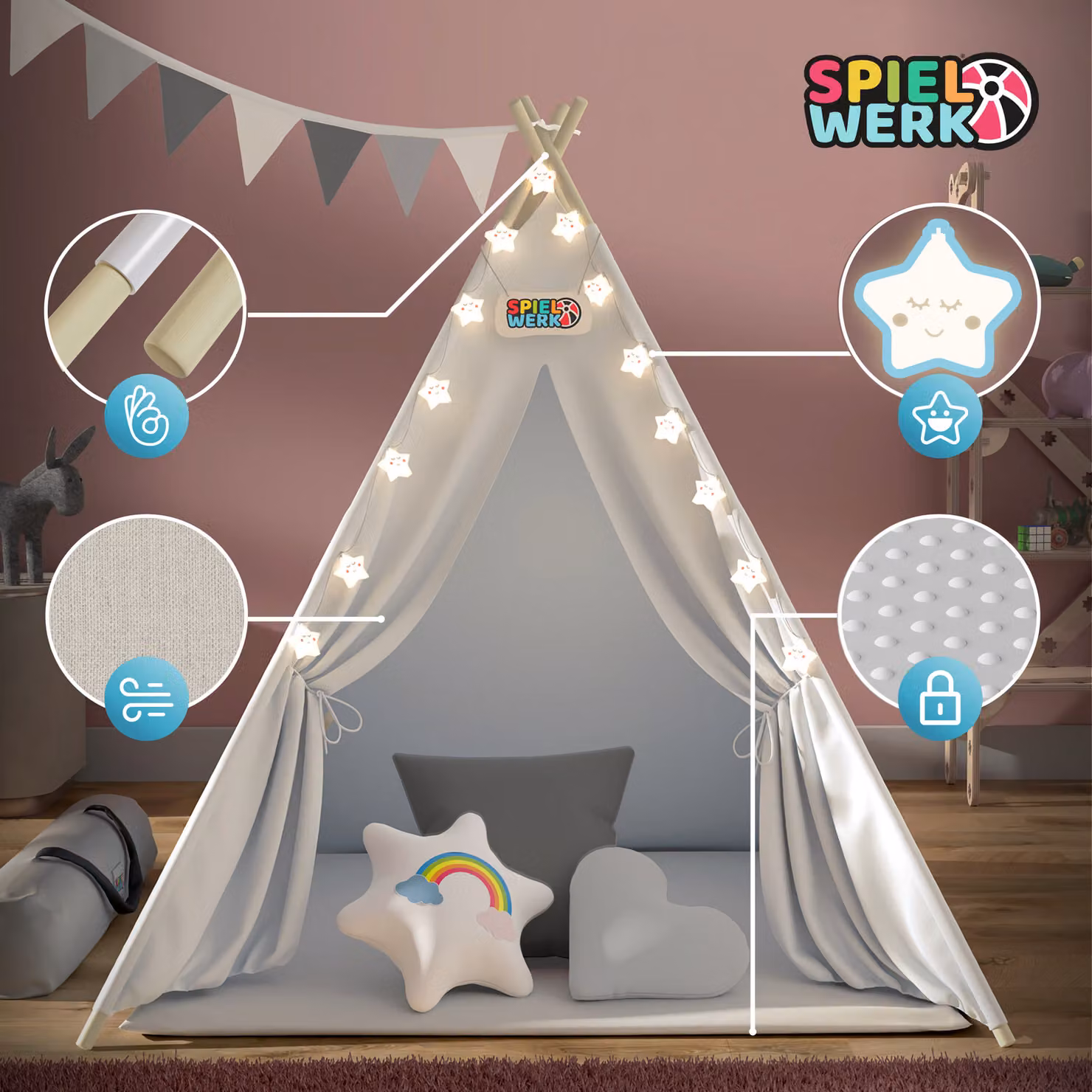 Tenda teepee per bambini Spielwerk bianco e grigio L: 160 cm, P: 130 cm, H: 130 cm – 2