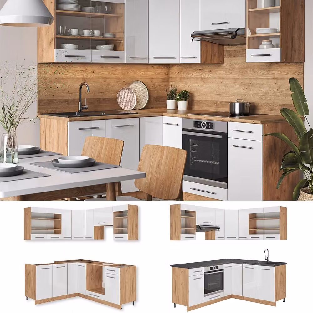 Cucina angolare moderna Vicco Fame-Line Bianco lucido e Rovere dorato L/P/H: 190 x 60 x 206,8 cm – 2