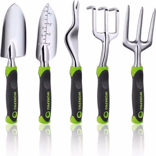 Set di attrezzi da giardino da 5 pezzi, pala, rastrello, per lavori di giardinaggio, verde