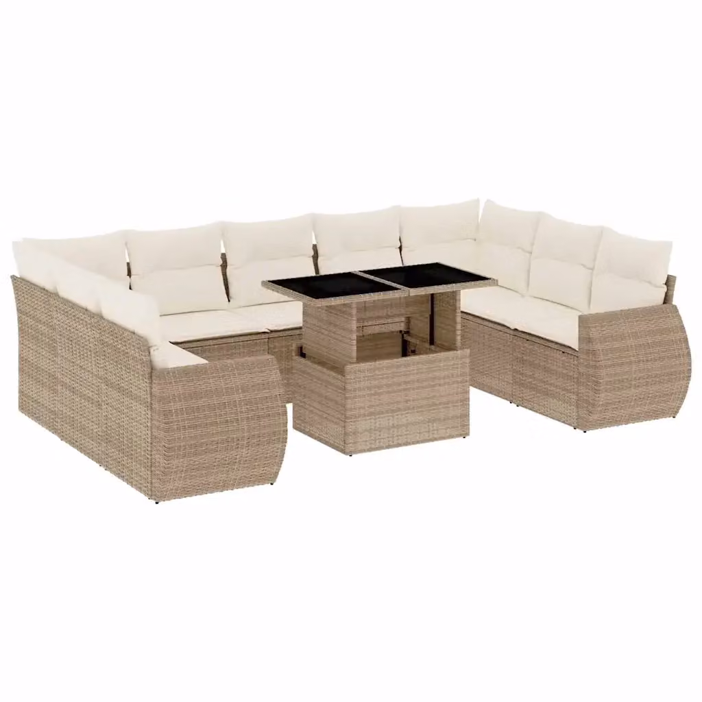 Set Divano da Giardino vidaXL 10 Pezzi in Polyrattan con Cuscini Beige e Tavolino da Esterno – 2
