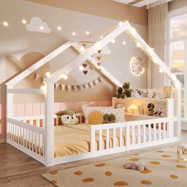 Letto Singolo per Bambini con Grate ¨C MINIMAL ¨C Pino, LED, Bianco, 140x190