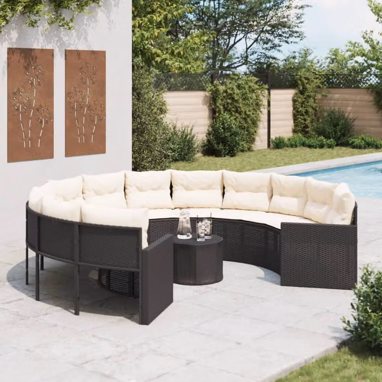 Set da giardino vidaXL a forma di U con divano a 3 posti, tavolino da caffè e cuscini, nero e bianco