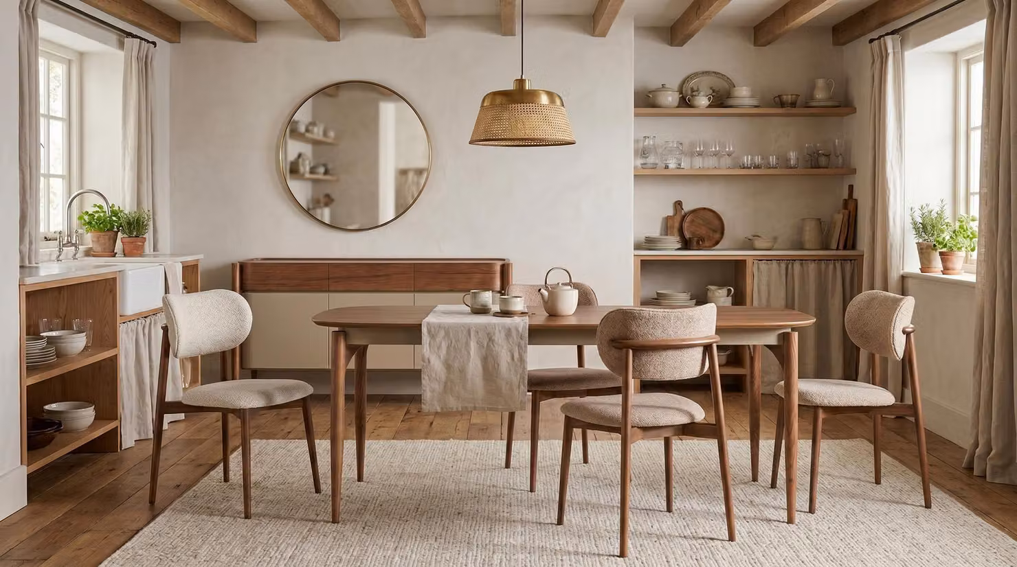 Set per sala da pranzo: tavolo, 4 sedie, credenza, specchio. Stile moderno, robusto