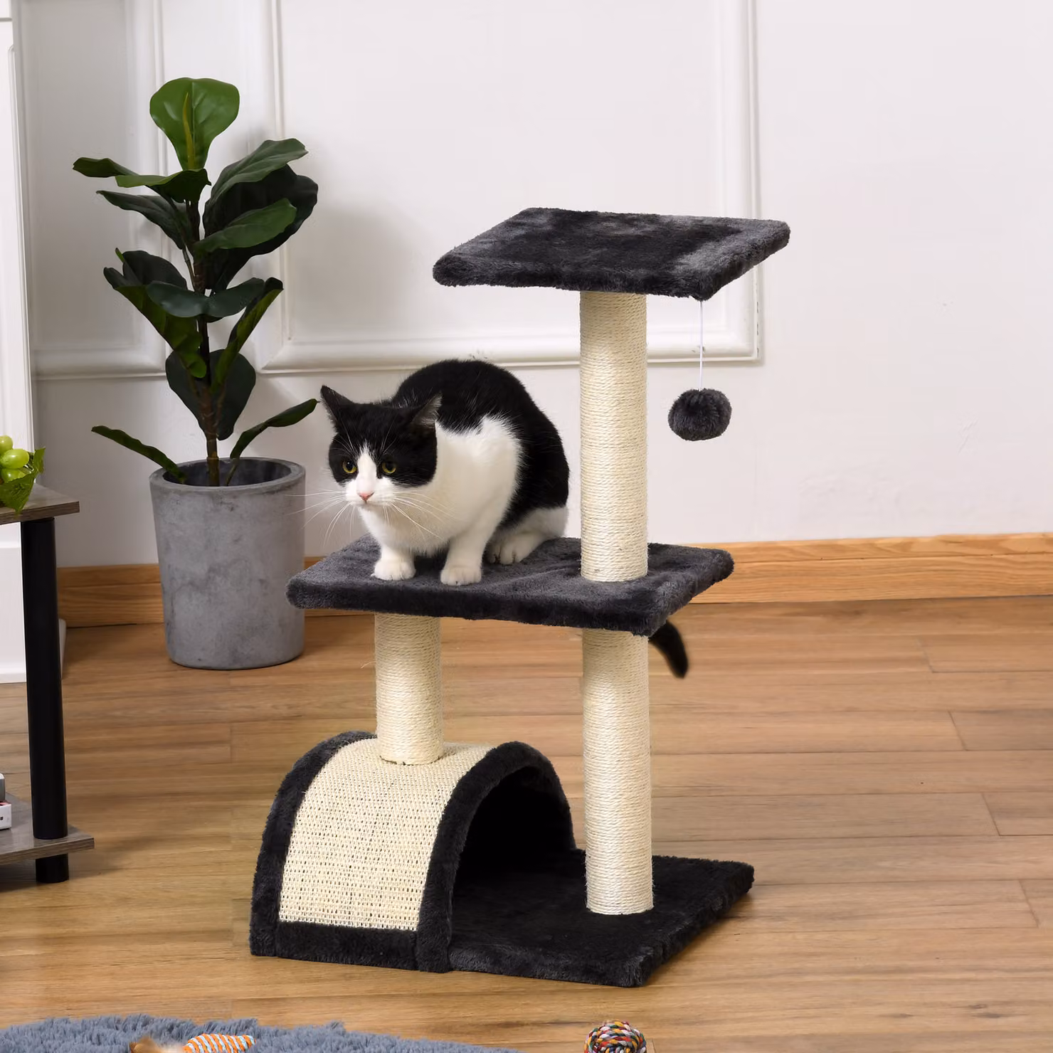 Albero per gatti PawHut a 3 livelli con tiragraffi in sisal e giocattoli integrati, legno e peluche, Grigio, L 40 cm x P 35 cm x H 72 cm – 2