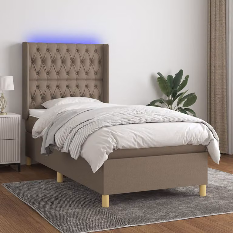vidaXL Letto Ibrido con Materasso, Illuminazione LED Sotto il Letto e Porta USB, Tessuto Tortora, L/P/H: 90 x 200 cm