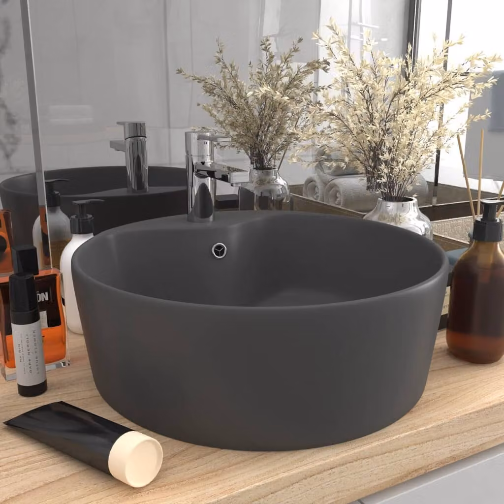 The Living Store Lavabo con troppopieno in Vetroceramica grigio scuro opaco 36x13 cm