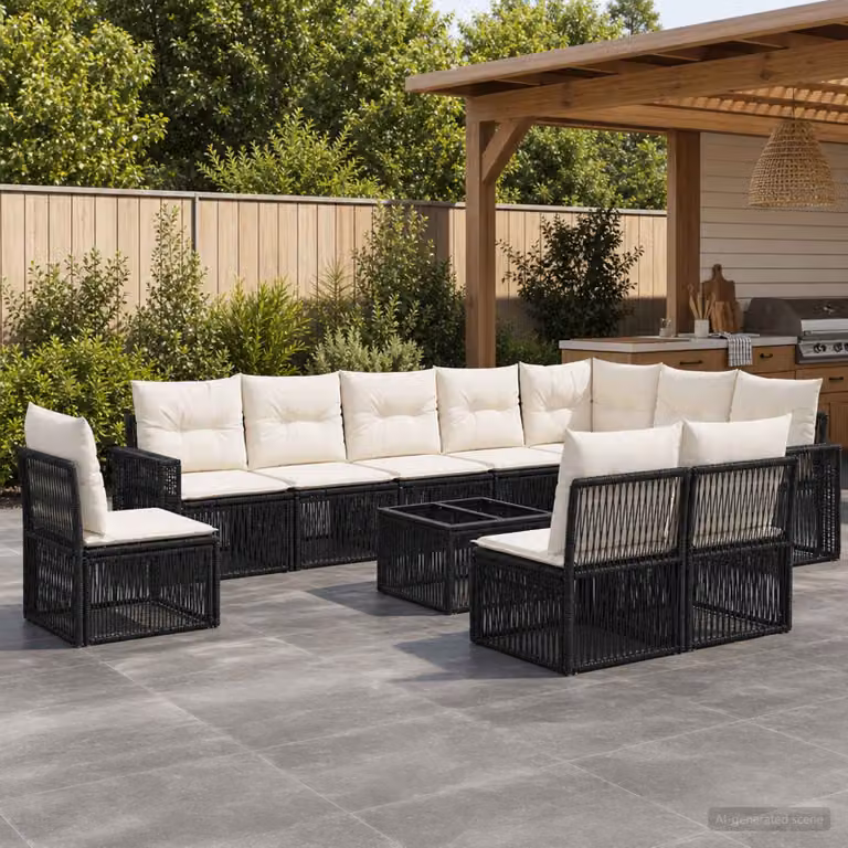 Set Divano da Giardino vidaXL 11 pz a forma di U in Polyrattan con Cuscini Nero e Bianco Crema