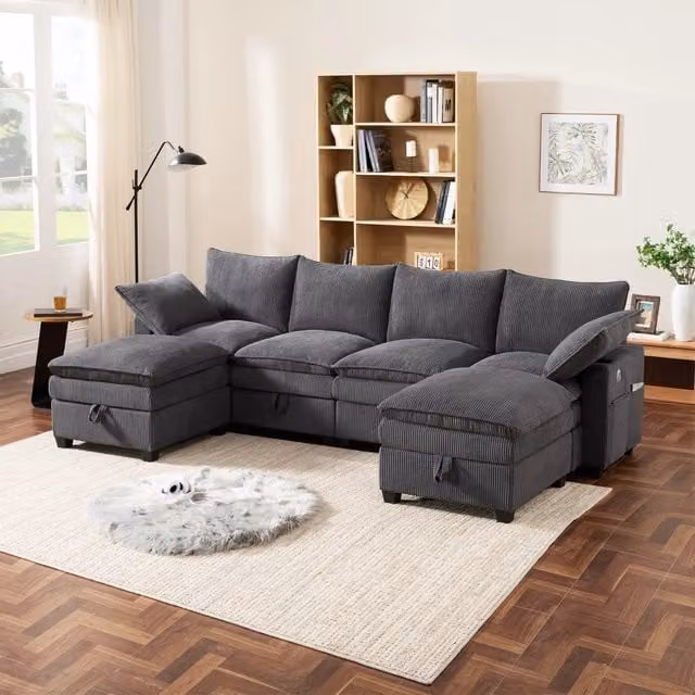 Divano modulare a L WISHDOR in velluto a coste grigio con pouf, ricarica USB, porta bicchieri e contenitore