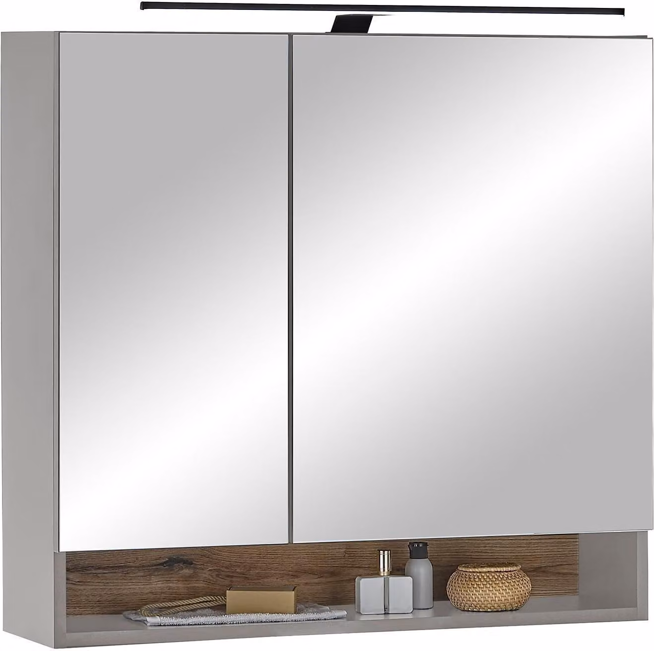 Armadio a specchio - L 80 cm - 2 ante - Grigio - con lampada LED da appoggio