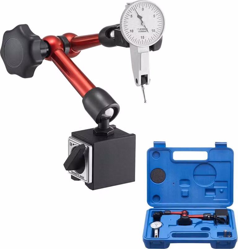 Calibro a quadrante con supporto magnetico - Set con custodia - Precisione 0,01 mm - Campo di misura 0-0,76 mm - Punta della sonda a microsfera per aree ristrette - Per lavorazioni e ispezioni