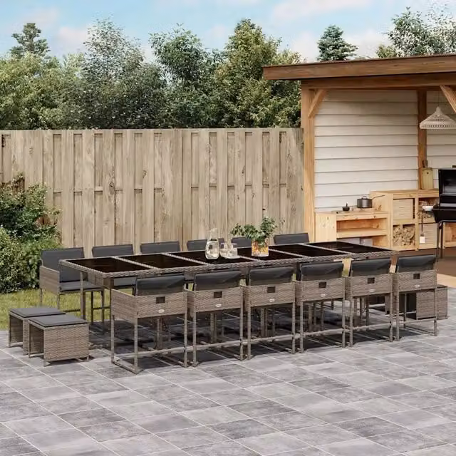 Set da pranzo da giardino vidaXL in polyrattan con cuscini e tavolo in vetro, 17 pezzi, grigio e nero – 1