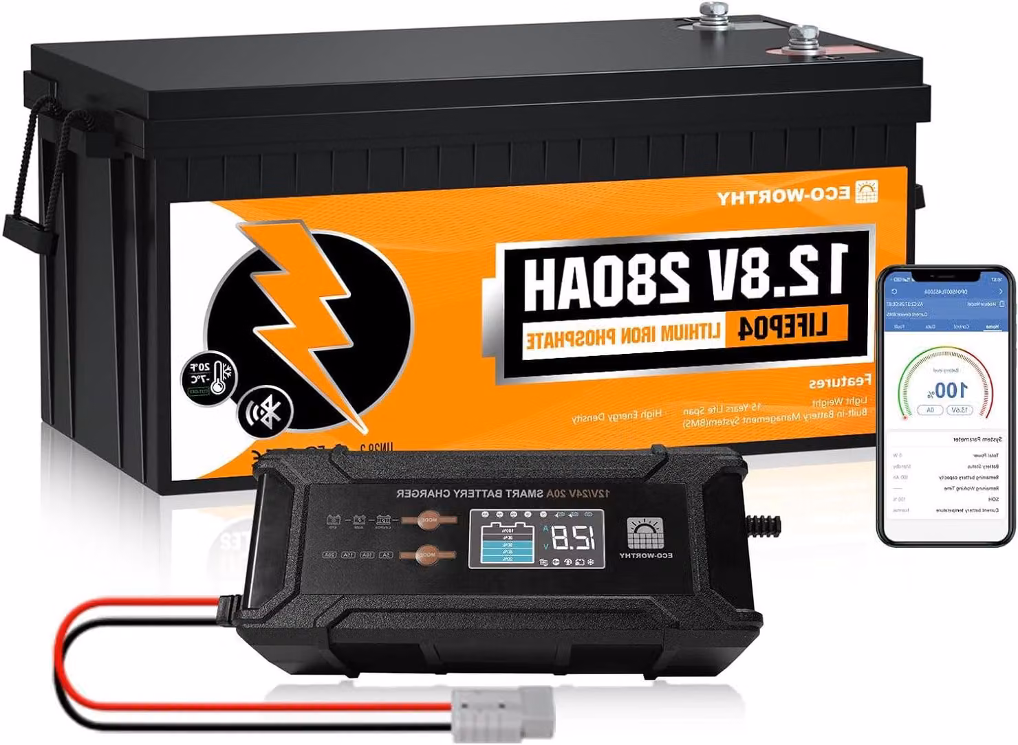 Batteria al litio - Batteria LiFePO4 - Batteria per avviamento - Batteria per camper - Batteria solare - 12,8V 280Ah - Monitor con Bluetooth