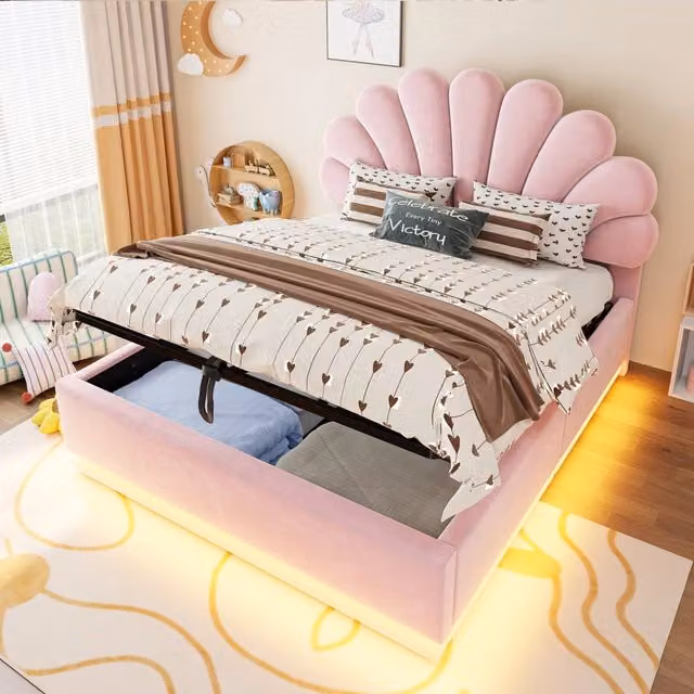 Letto contenitore 140 × 200 cm matrimoniale con LED regolabili e testiera a fiore, senza materasso, rosa