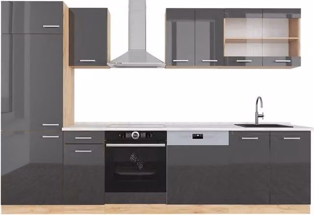 Cucina componibile moderna Vicco R-Line in antracite lucido e rovere dorato, L: 300 cm