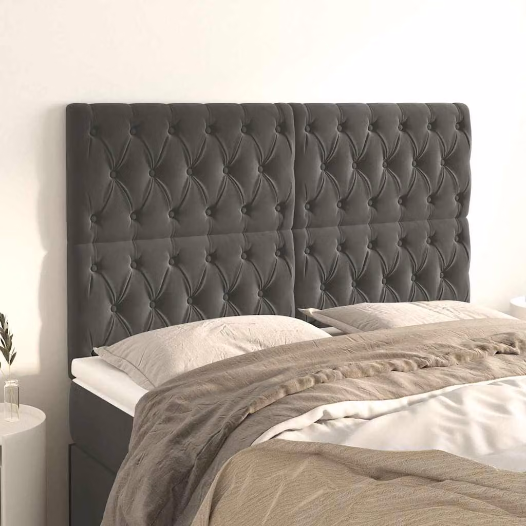 Testiera per letto vidaXL in velluto grigio con struttura in legno e MDF, L: 160 cm, P: 7 cm, H: 118-128 cm – 1