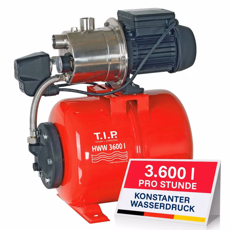 T.I.P. acquedotto domestico HWW 3600 I, portata massima 3.600 l/h, potenza: 650W, prevalenza: 40 m, serbatoio di pressione: 18 l