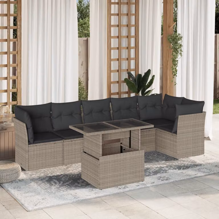 vidaXL Set Divani da Giardino 7 Pezzi a Forma di L con Cuscini Grigio Antracite e Tavolino in Vetro