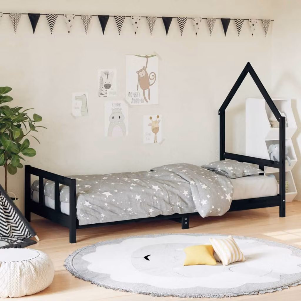 vidaXL Giroletto per Bambini in Legno Massello di Pino Nero L/P: 90 x 200 cm