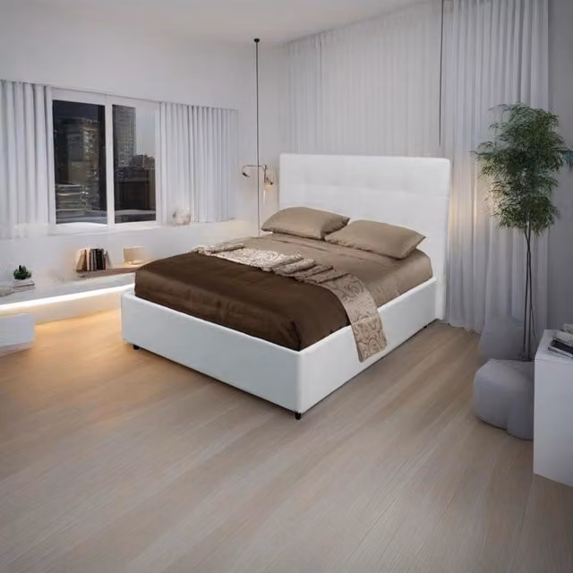 Letto una piazza e mezza con contenitore Ascoli 120x190 ecopelle colore bianco