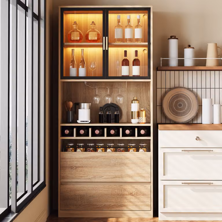 Mobile da cucina a colonna Flieks con illuminazione a LED, 80x40x180 cm, credenza da cucina con ante in vetro, cassettiera da bagno, finitura naturale