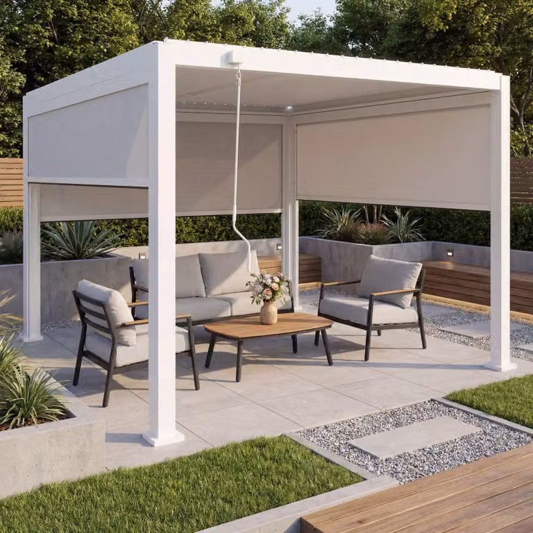Pergola HWC-P65 con 3 pareti laterali, tenda a rullo, copertura per terrazza, gazebo a lamelle da giardino, telaio in alluminio da 10 cm, 3x3 m ~ bianco