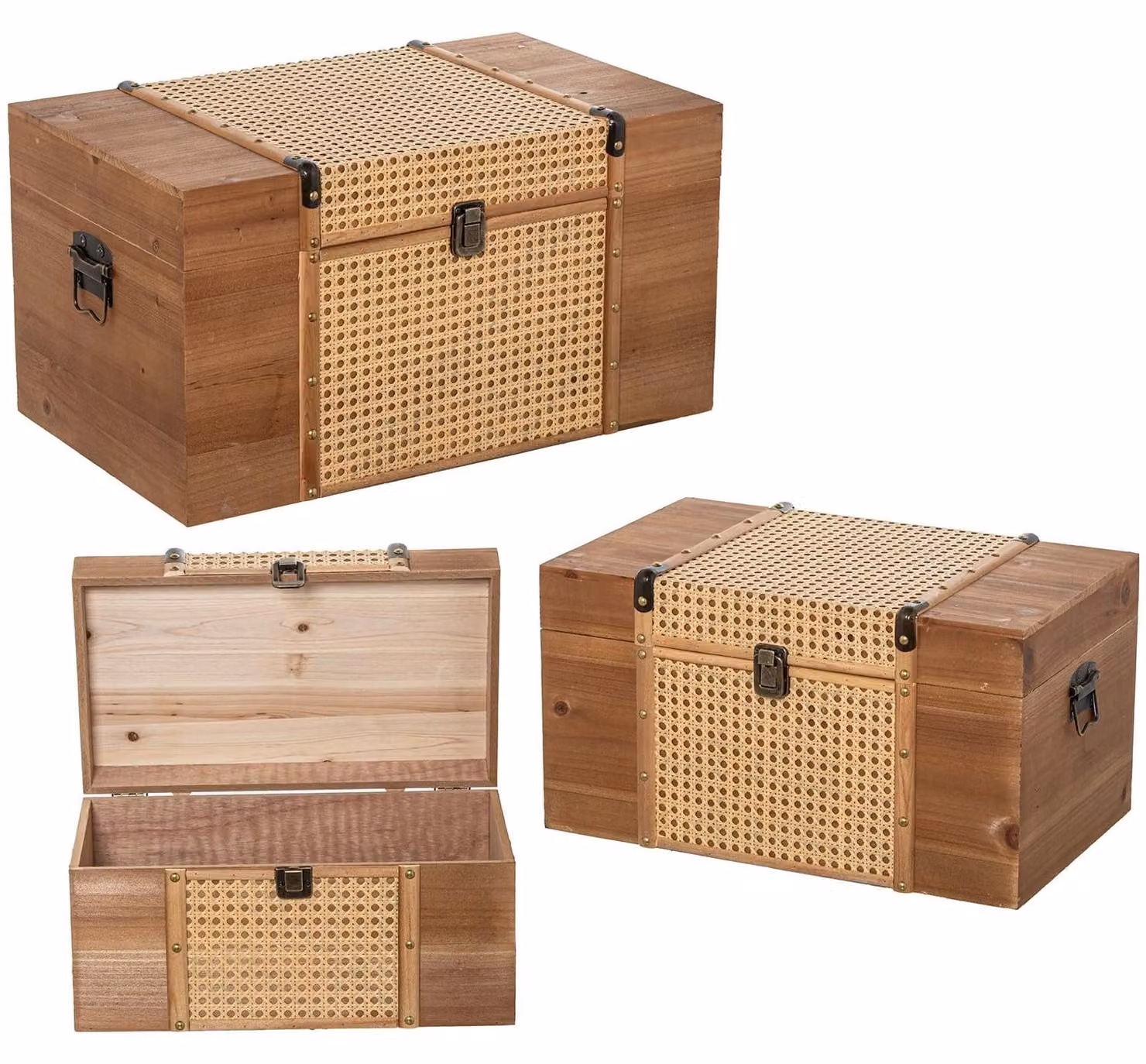 Set di 3 cassette in legno con listelli di salice, dimensioni 56x30x34 cm, colore naturale