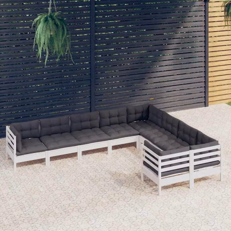 Set di divani da giardino a L vidaXL in legno di pino con cuscini bianchi, antracite e grigi, 9 pezzi