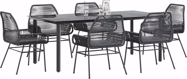 Set Pranzo da Giardino 7 pz Nero con Cuscini Polyrattan Vetro