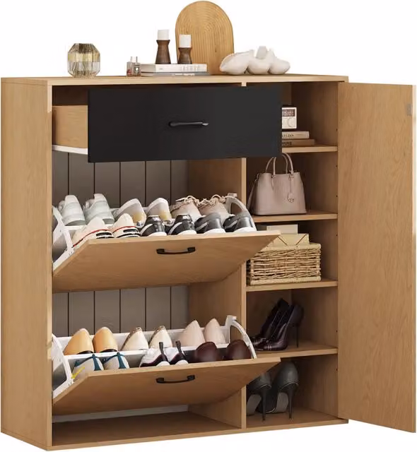 Scarpiera salvaspazio per ingresso con 2 ante a ribalta e cassetto, design scandinavo in legno e MDF, naturale e nero, L: 100 cm, P: 35 cm, H: 106 cm