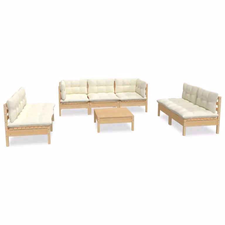 Set Divani da Giardino 8 pz con Cuscini Crema in Massello di Pino