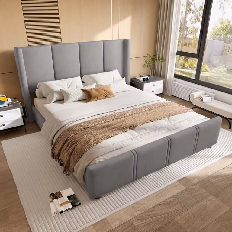 Letto imbottito AIORBER, 140 x 200 cm, con connessione USB, testata e pediera alte, struttura robusta in legno di ferro, morbida pelle scamosciata, montaggio facile, grigio