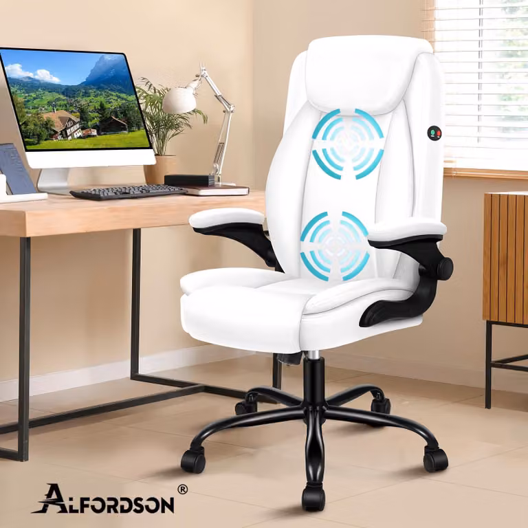 Sedia da ufficio in ecopelle bianca, con braccioli pieghevoli, design ergonomico per un comfort ottimale, capacità di carico fino a 150 kg, ideale per l'ufficio e il lavoro da casa