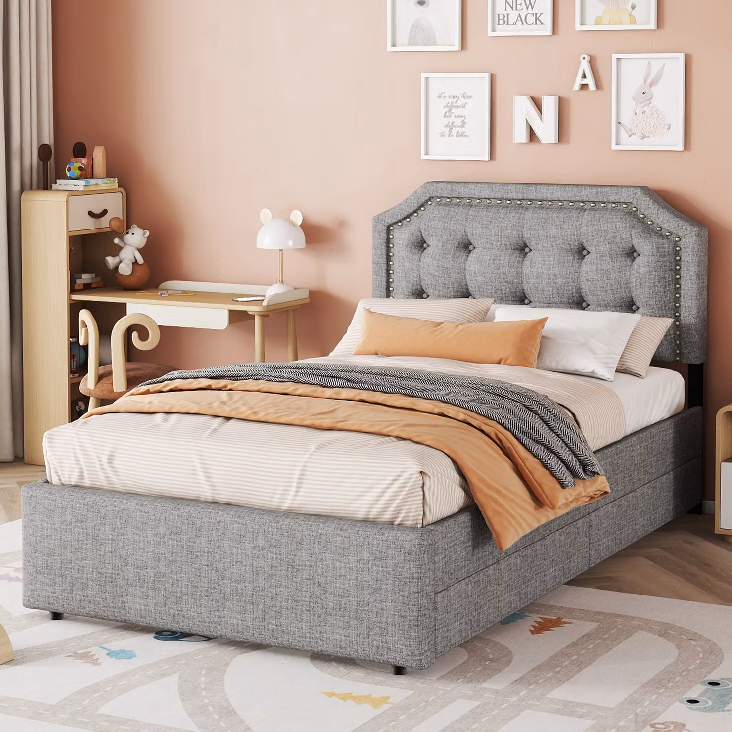 Letto imbottito Sweiko 90 x 200 cm letto piano, comodino imbottito con rivetti decorativi, doppio cassetto, grigio