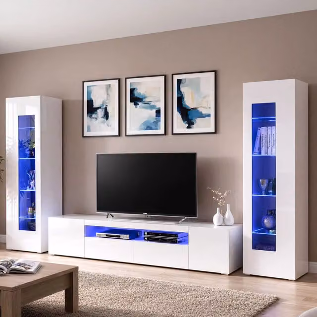 Parete attrezzata da soggiorno DMORA moderna in bianco lucido con luce LED blu L: 300 cm, P: 40 cm, H: 162 cm