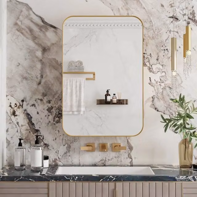 Mobiletto a specchio rettangolare da incasso con cornice in metallo, ripiani regolabili e vano portaoggetti, oro, per bagno, soggiorno e camera