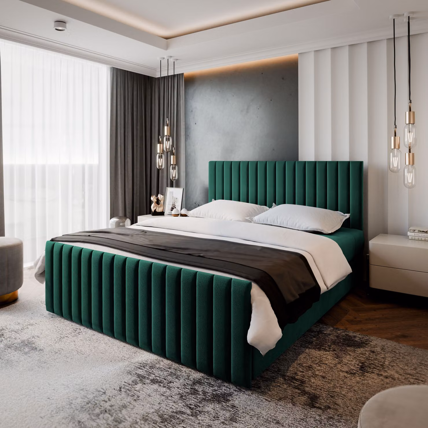 Letto a molle Masseno ARION 180x200 cm completo di materasso e topper Bonell, letto imbottito con cassettiera -Verde, KRONOS 19