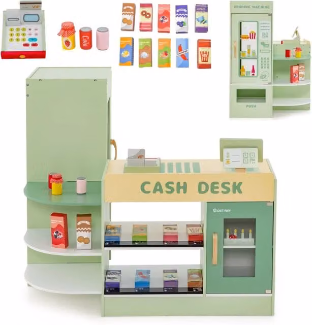 Set di giocattoli in legno per il supermercato DESIGN IN con bancone cassa POS e distributore automatico Verde