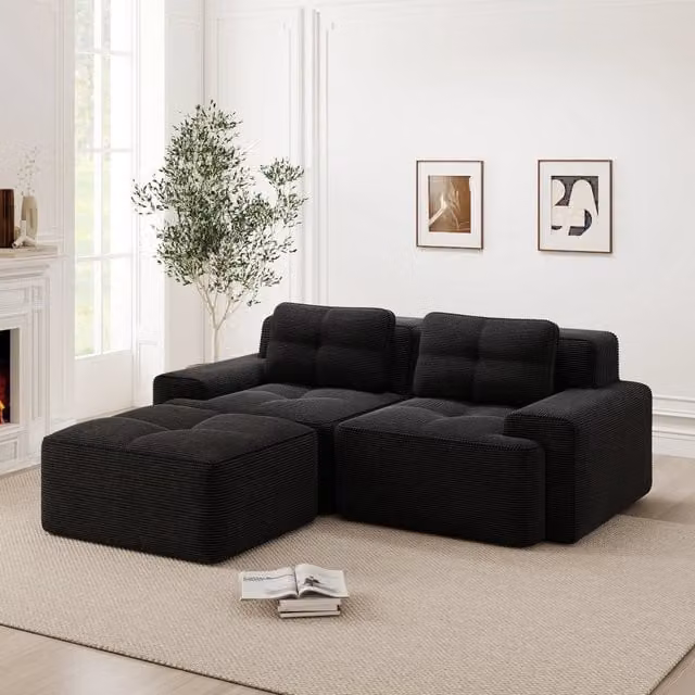 Divano Modulare Angolare con Ottoman ¨C Xylo ¨C Velluto a Coste, 2 Posti, Nero