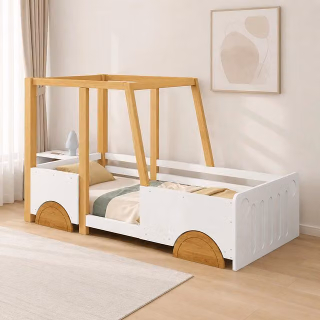 Letto auto 90x200 cm in legno e MDF, bianco e naturale, con sponde, senza materasso –