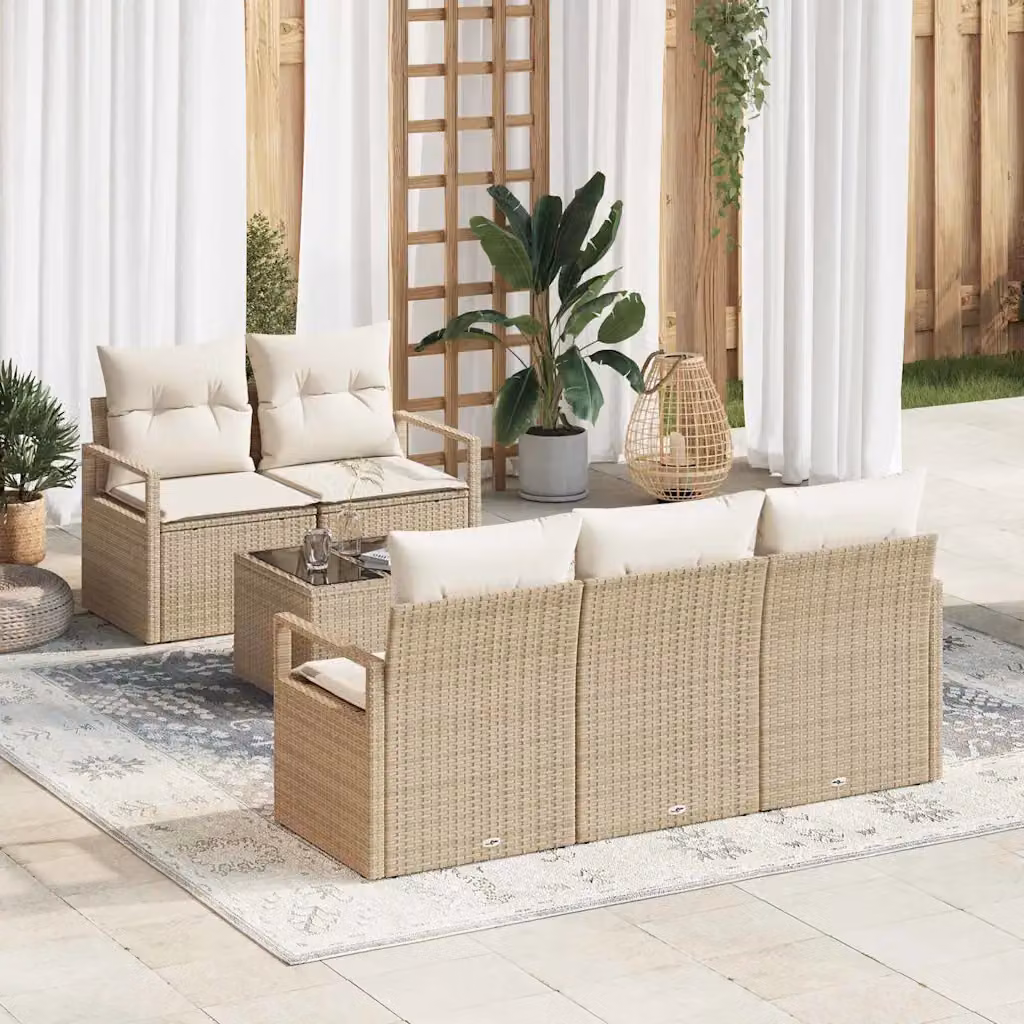 Set di divani da giardino vidaXL a forma di L con 6 pezzi, colore beige e bianco, con struttura in metallo e cuscini inclusi